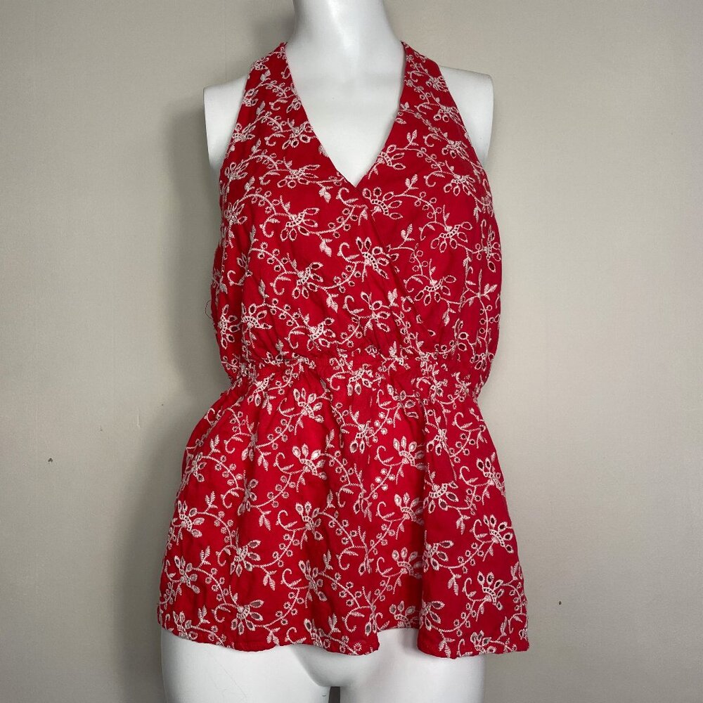 Doe & Rae Halter Top Small Red Embroidered Bandana Western Y2K Babydoll Boho